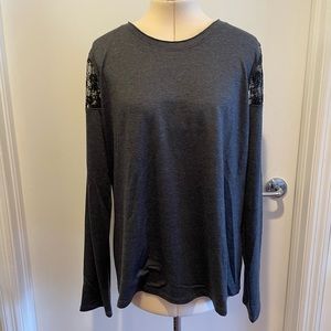 Elie Tahari Grey Top with Black Lace Shoulders Size XL